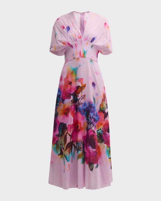 Isabel Watercolor Floral-Print Short-Sleeve Pleated-Waist Midi Dress