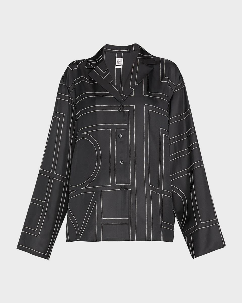 Monogram-Embroidered Silk Pajama Top