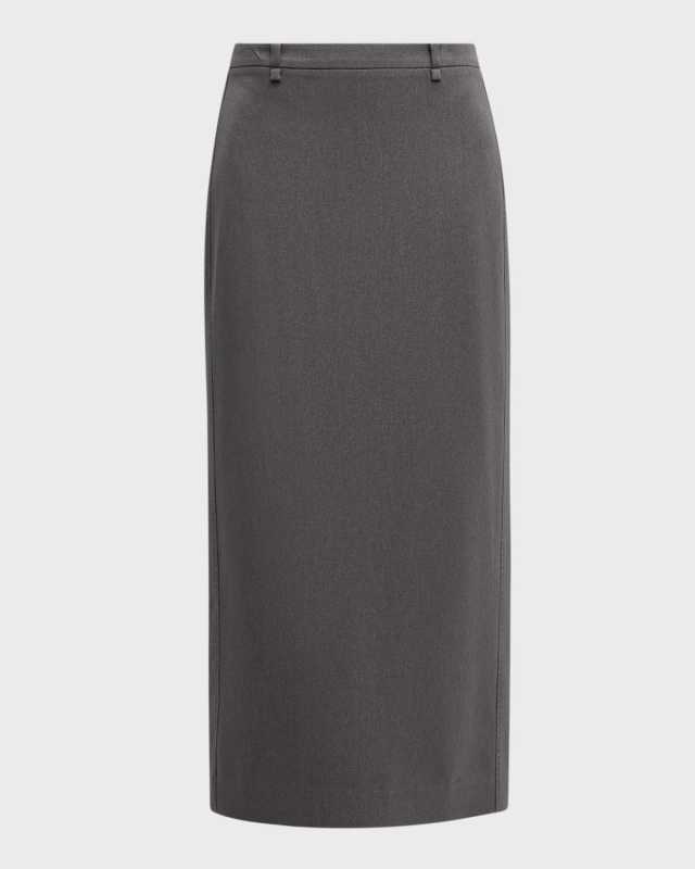 Belted Straight Twill Midi Skirt