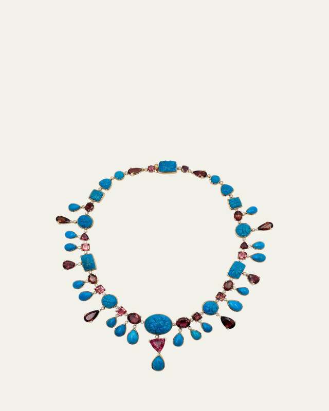 Hand Carved and Sleeping Beauty Turquoise Necklace in 18K Gold