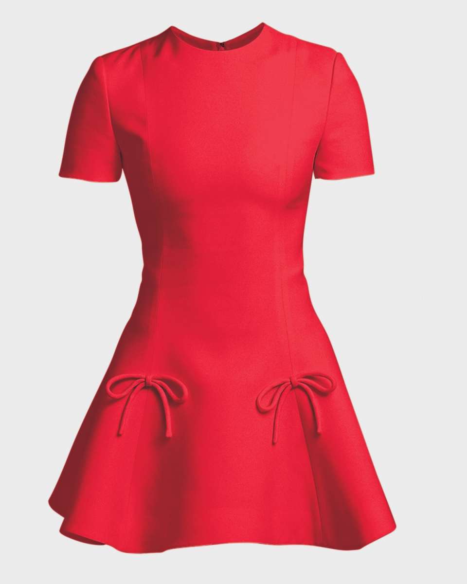 Bow-Applique Fit-&-Flare Crepe Couture Mini Dress