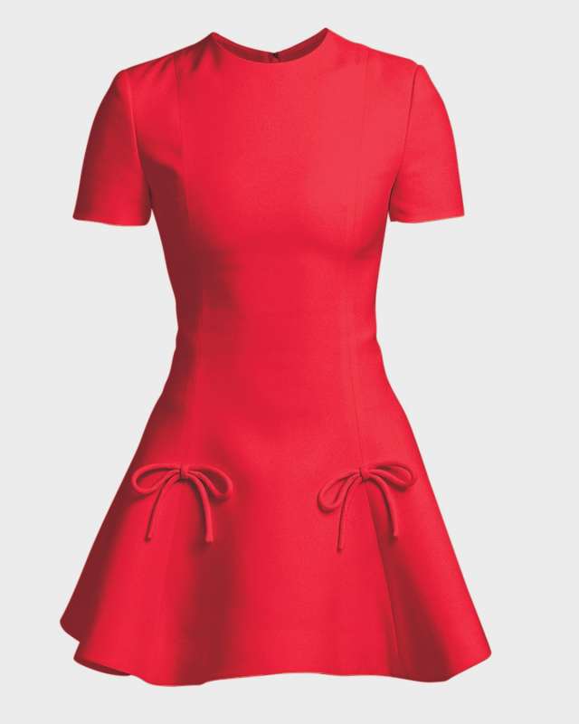 Bow-Applique Fit-&-Flare Crepe Couture Mini Dress