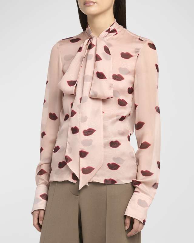 Lips Print Tie Neck Blouse