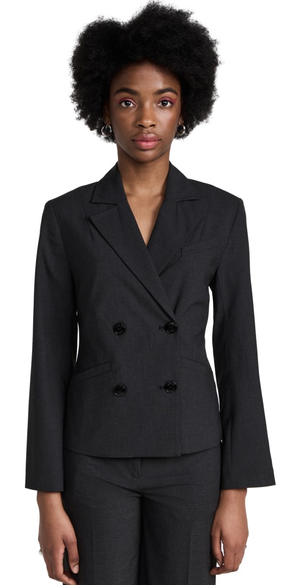 GANNI Drapey Melange Fitted Double Breasted Blazer Phantom