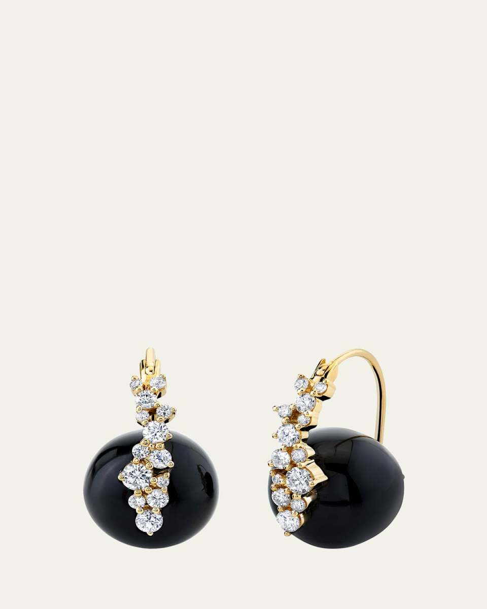 14K Yellow Gold Smooth Round Onyx Cocktail Earrings with Diamonds