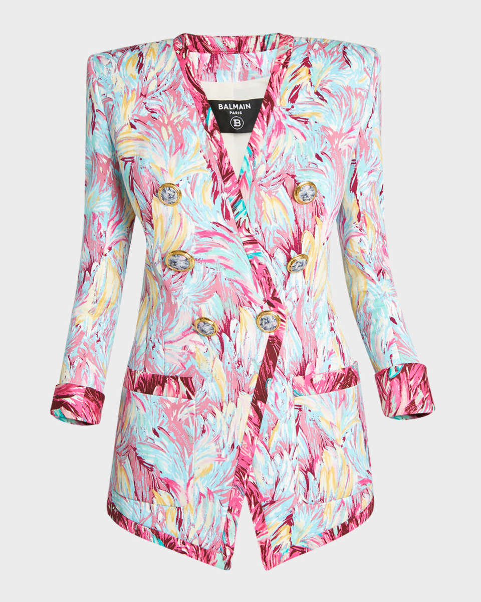 Feather-Print Collarless Long Double-Breasted Jacket
