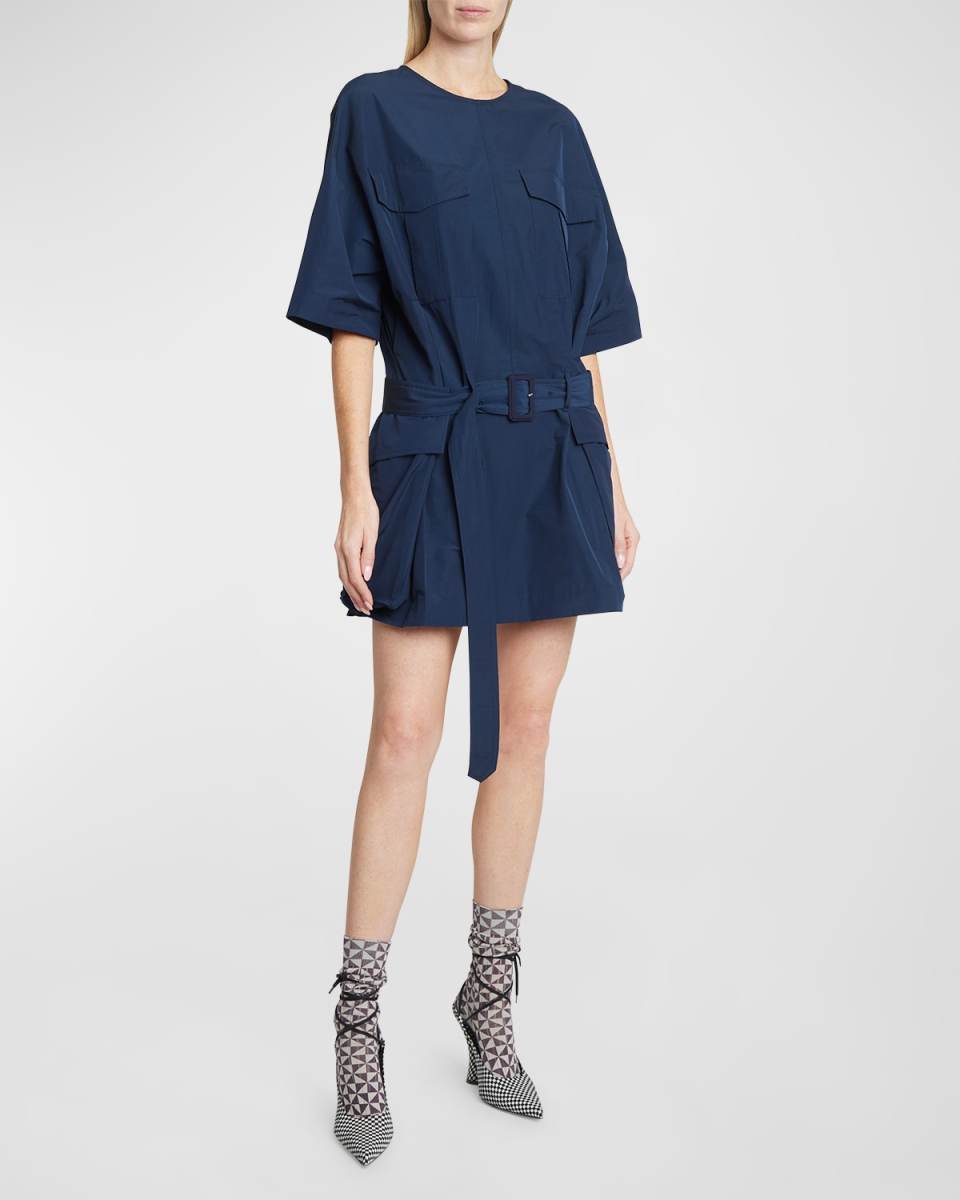 Dockets Short-Sleeve Belted Pleated Mini Dress