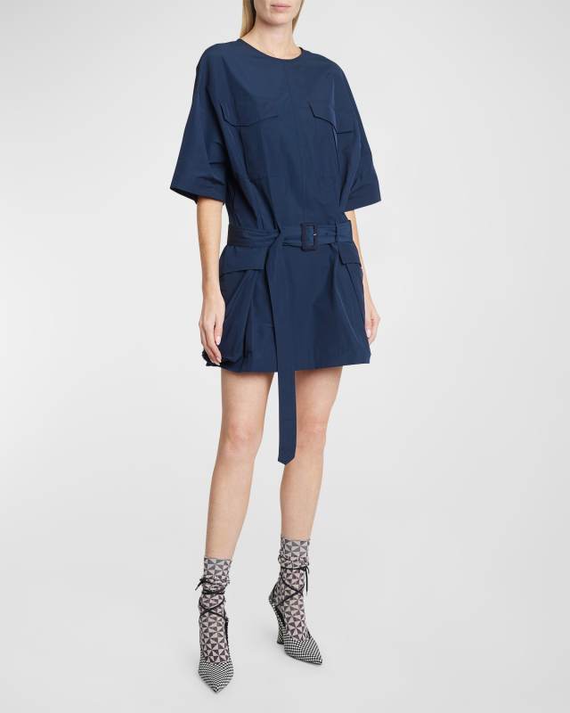 Dockets Short-Sleeve Belted Pleated Mini Dress