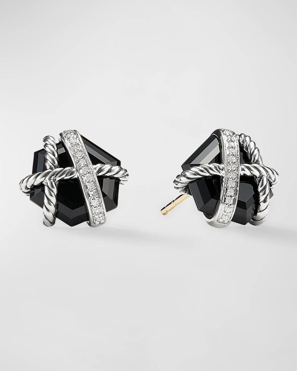 Cable Wrap Earrings with Gemstone and Diamonds in Silver, 11mm