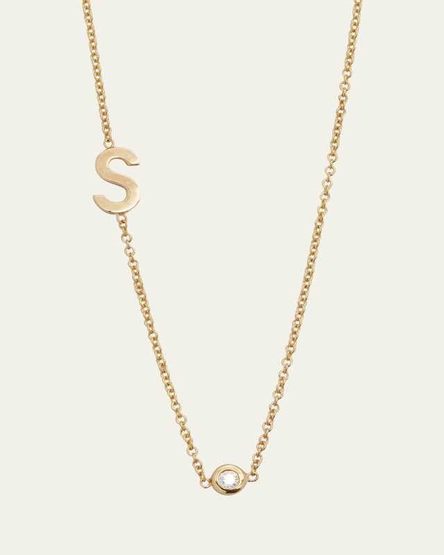 14k Gold Asymmetrical Initial and Bezel Diamond Necklace