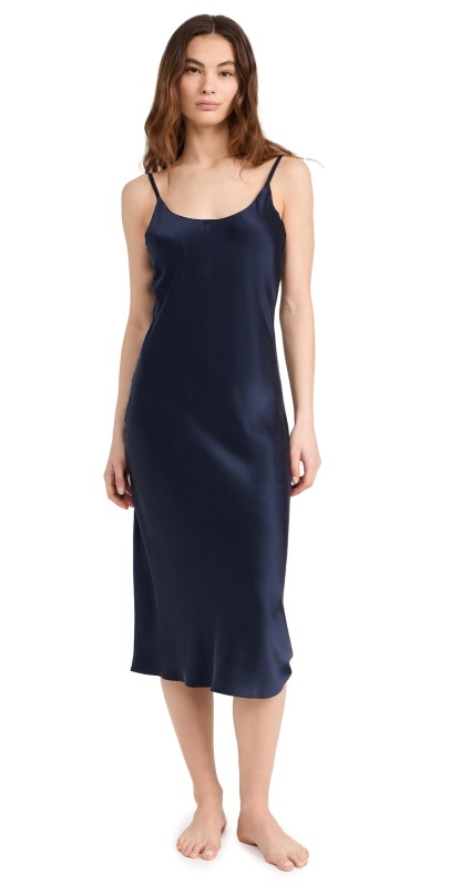 Lunya Washable Silk Bias Slip Dress Deep Blue