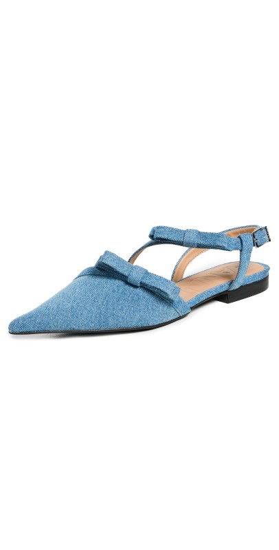 GANNI Multi Bow Pointy Cut Out Ballerina Denim Flats Denim