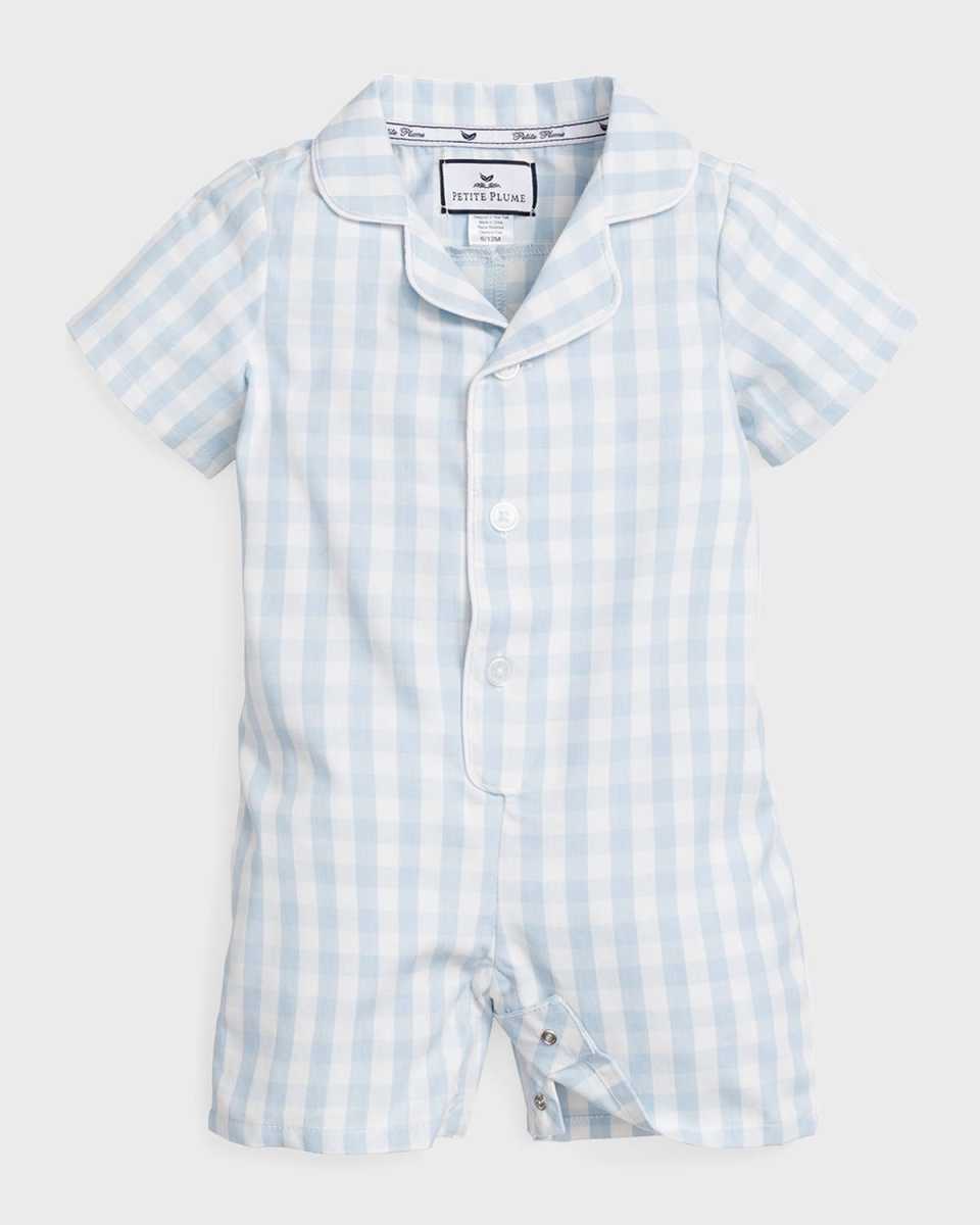 Kid's Gingham Romper w/ Contrast Piping, Size Newborn-24M Size