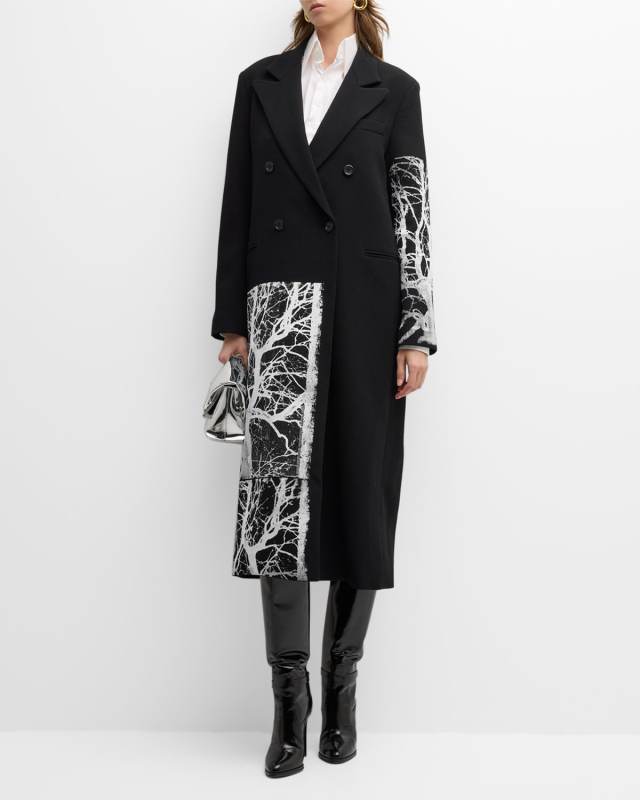 Midnight Forest-Print Double-Breasted Midi Coat