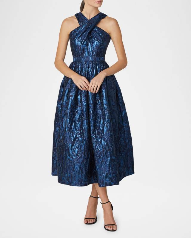 Pleated Crossover Metallic Jacquard Midi Dress