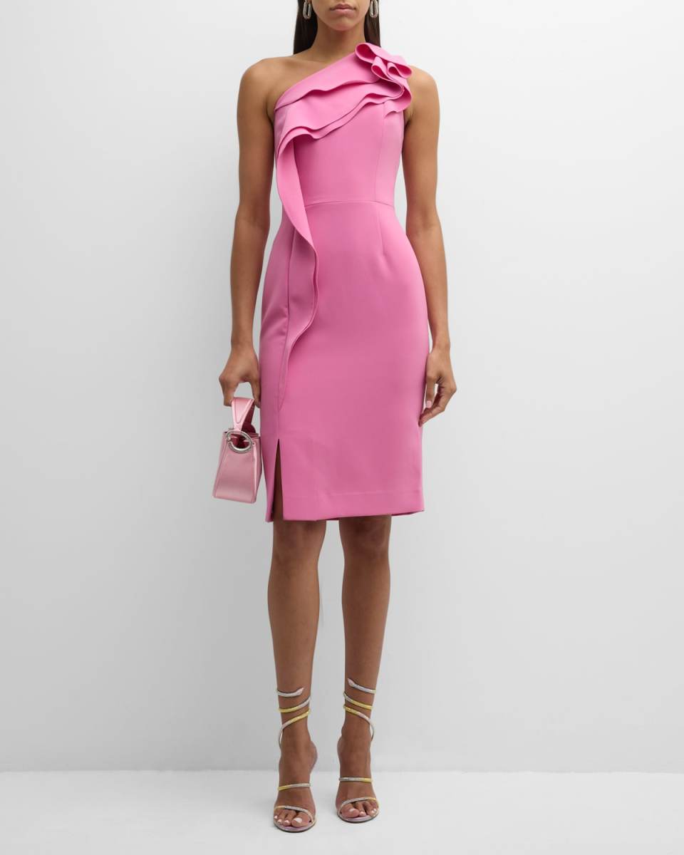 Ruffle One-Shoulder Crepe Midi Dress