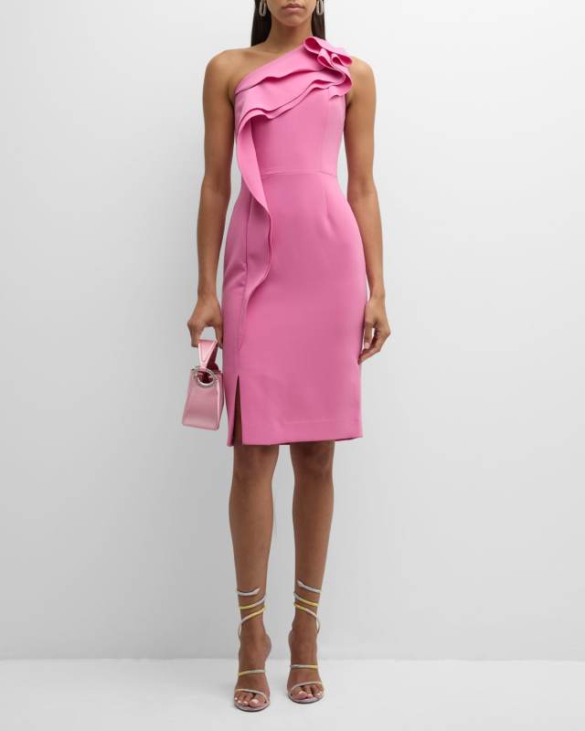 Ruffle One-Shoulder Crepe Midi Dress