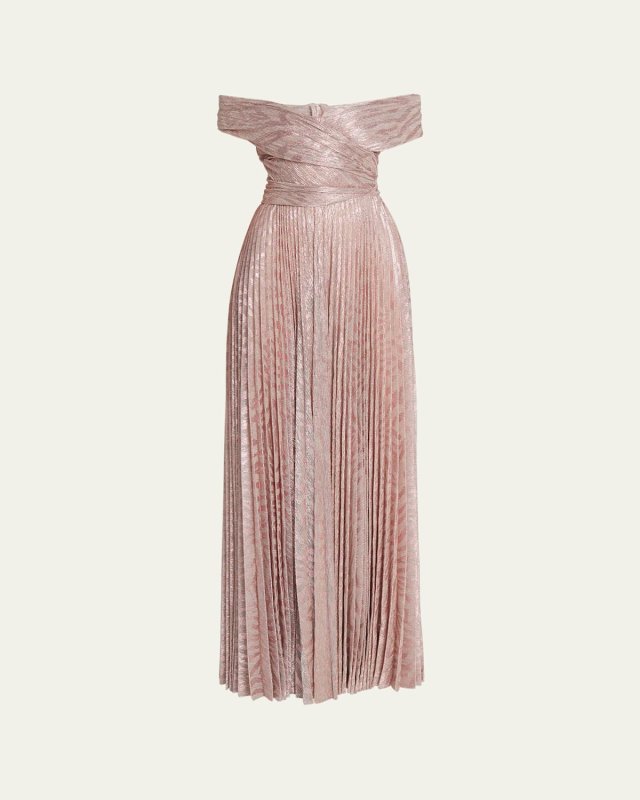 Zebra Metallic Off-Shoulder Pleated Dress