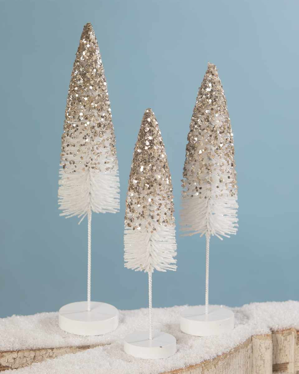 Platinum Glitter Bottle Brush Christmas Trees, Set of 3