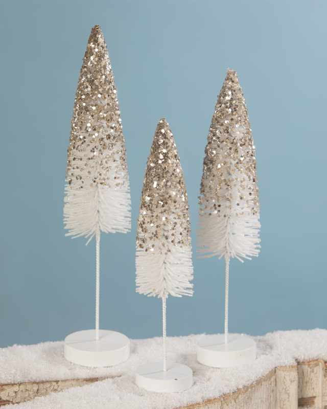Platinum Glitter Bottle Brush Christmas Trees, Set of 3
