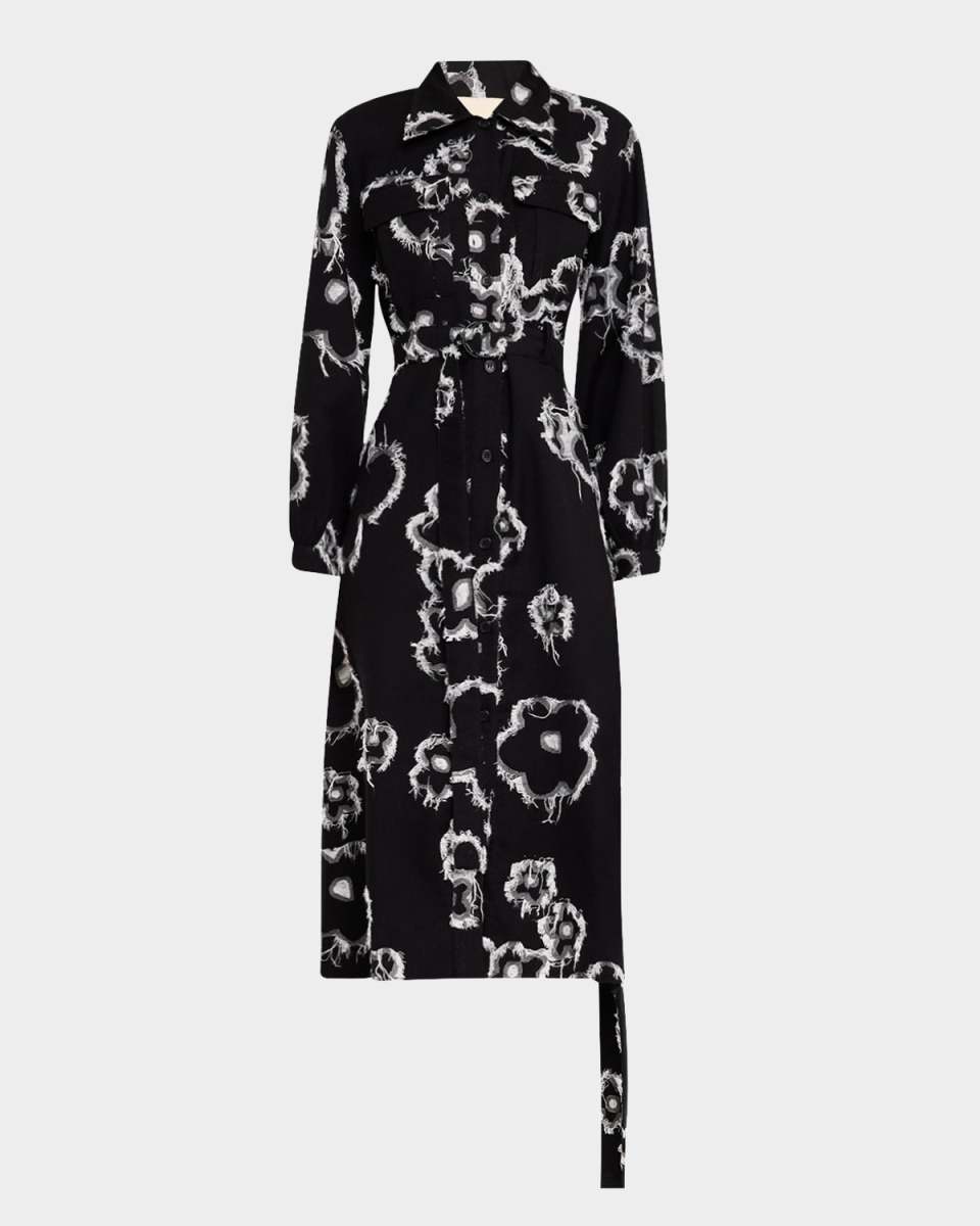 Iris Garden Fringed Floral Twill Midi Shirtdress