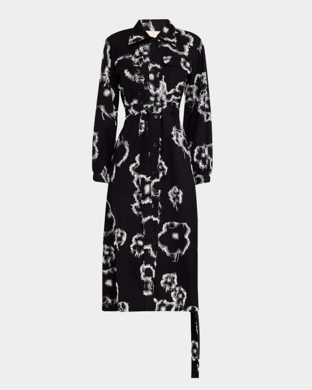 Iris Garden Fringed Floral Twill Midi Shirtdress