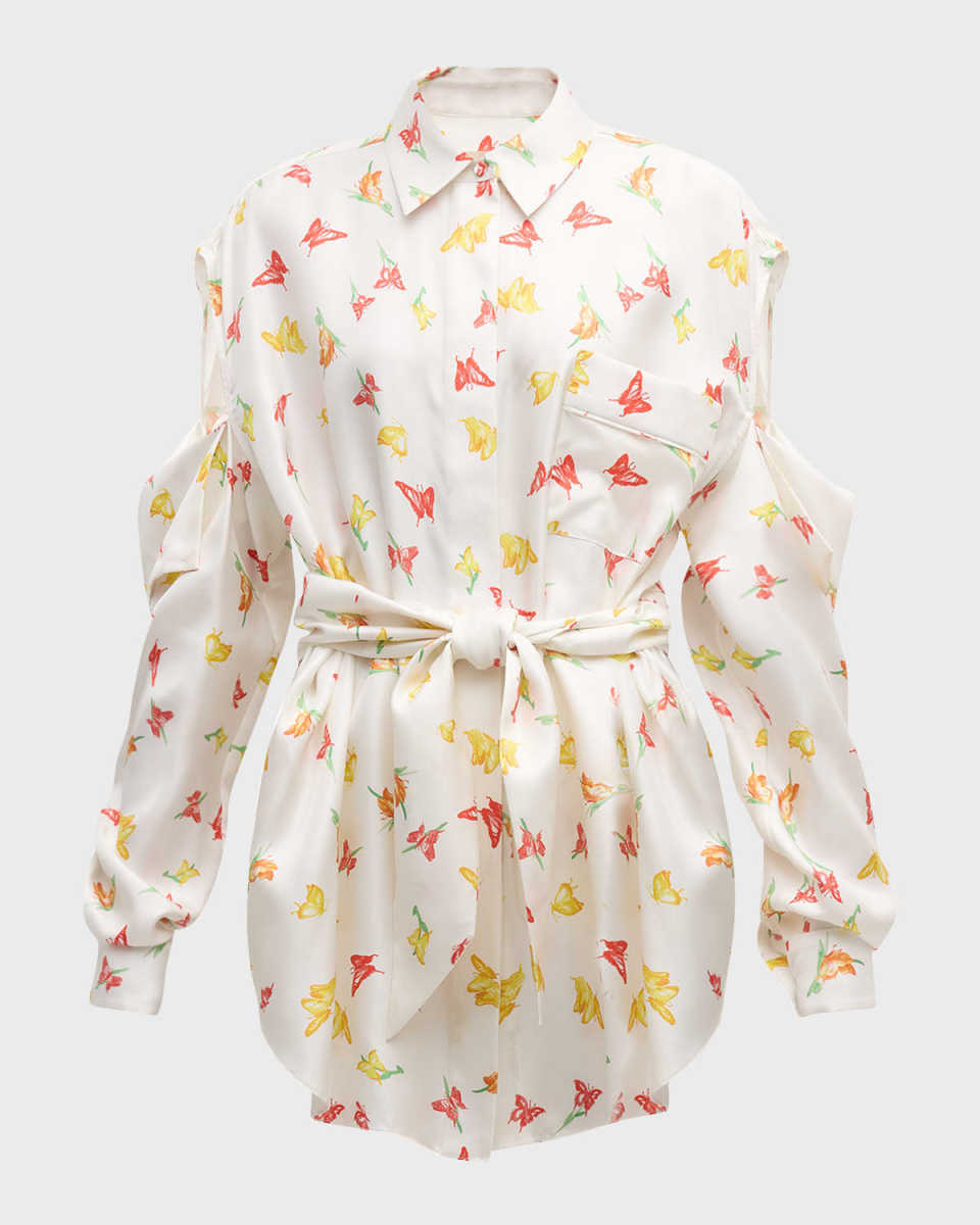 Ridge Butterfly-Print Long-Sleeve Cold-Shoulder Belted Poplin Shirt