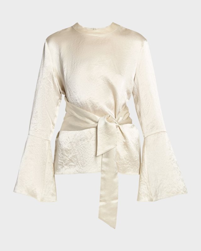 Ilone Belted Long-Sleeve Satin Top