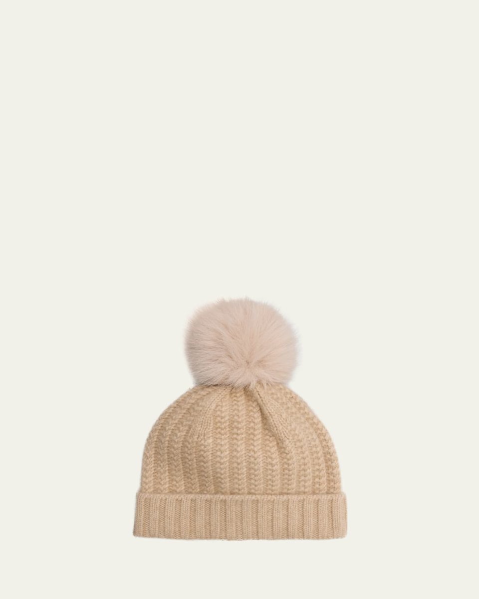 Braided Knit Cashmere Beanie With Faux Fur Pom