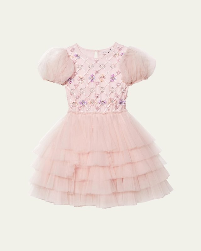 Girl's Beaded Floral Lattice Tutu Dress, Size 2-11