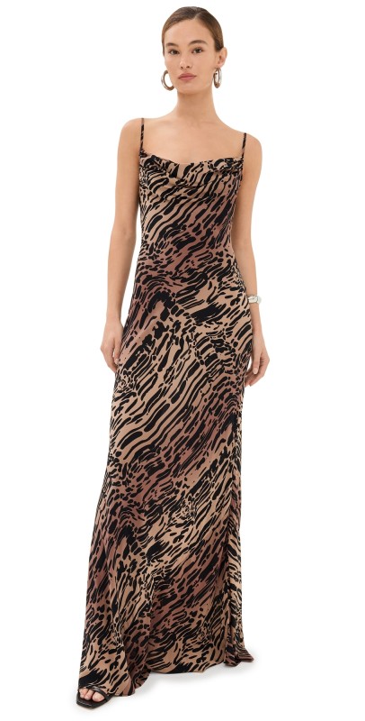 Good American Chiffon Bias Cowl Maxi Dress Warped Leopard004