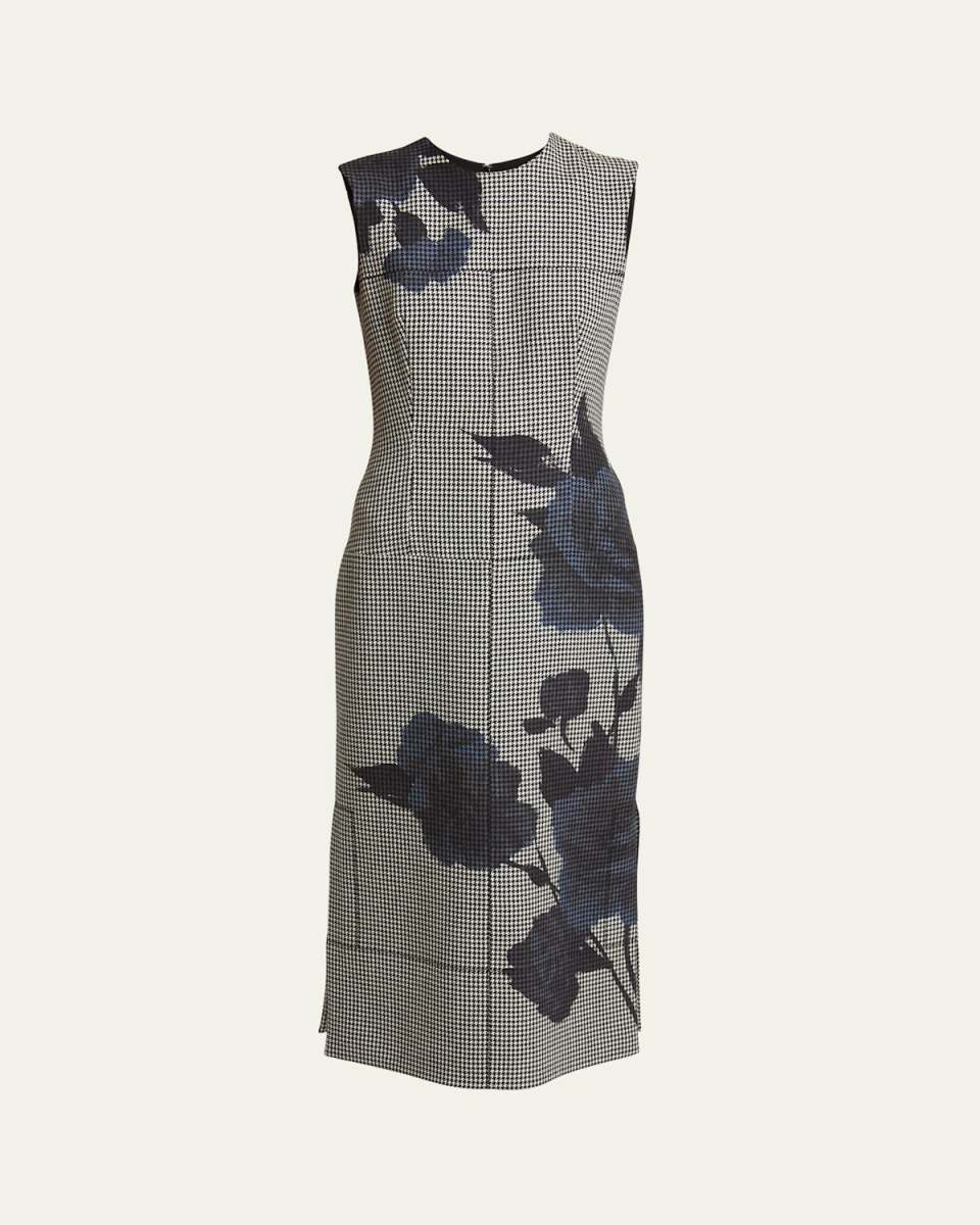Houndstooth Floral Midi Pencil Dress