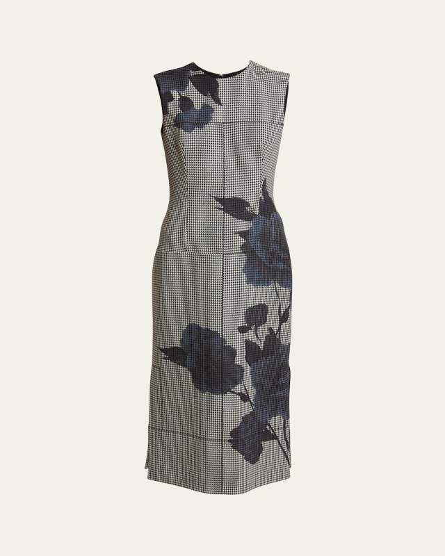 Houndstooth Floral Midi Pencil Dress