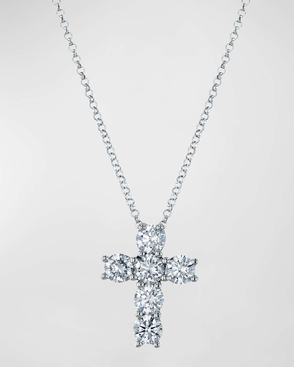 Platinum 6-Stone Shared Prong Round Diamond Cross Necklace, 16"L, 1.50tcw