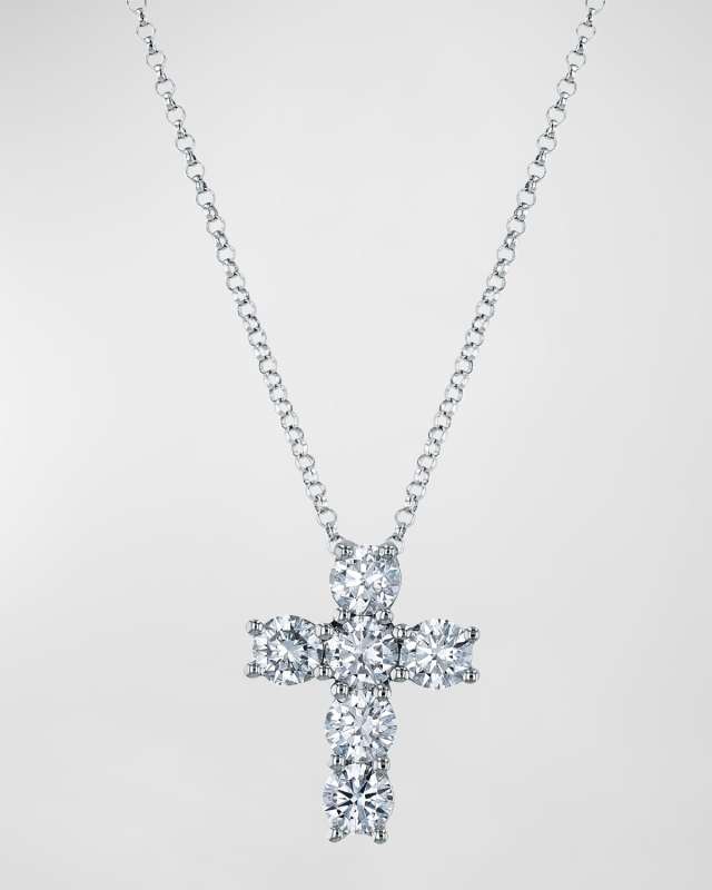 Platinum 6-Stone Shared Prong Round Diamond Cross Necklace, 16"L, 1.50tcw
