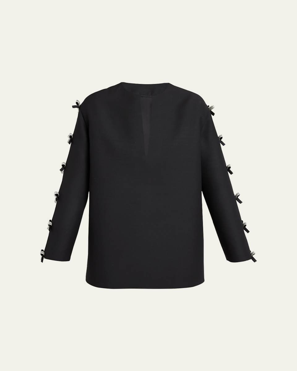 Strass Bow Cutout-Sleeve Long-Sleeve Mini Tunic Dress