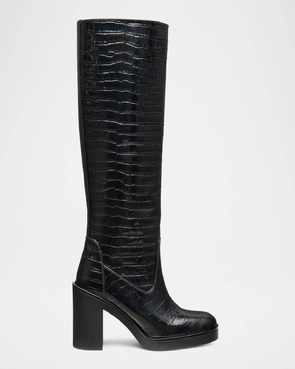 Bethenny Croc-Embossed Leather Block-Heel Boots