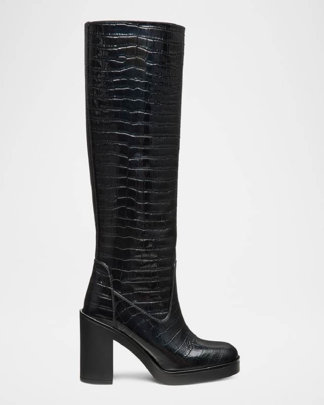 Bethenny Croc-Embossed Leather Block-Heel Boots