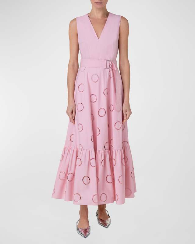 Circle Eyelet-Embroidered Tiered Midi Dress
