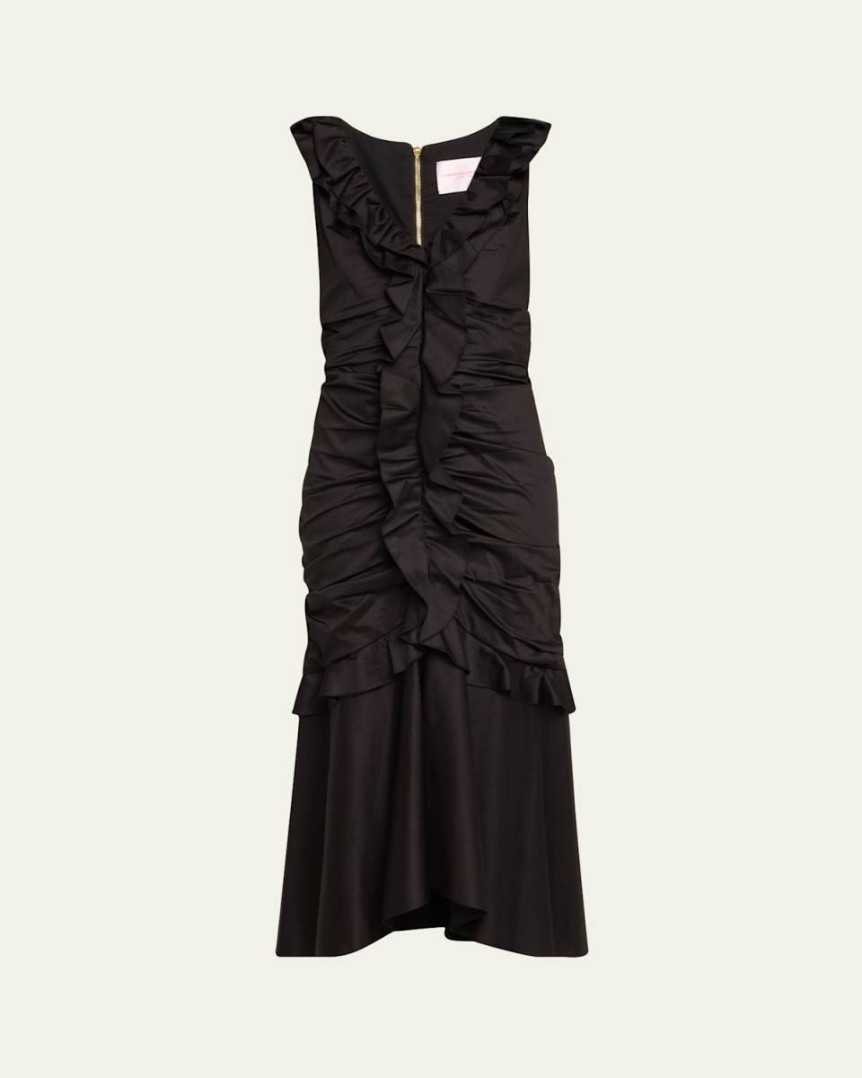 Ruched Ruffle Trumpet Midi Dress
