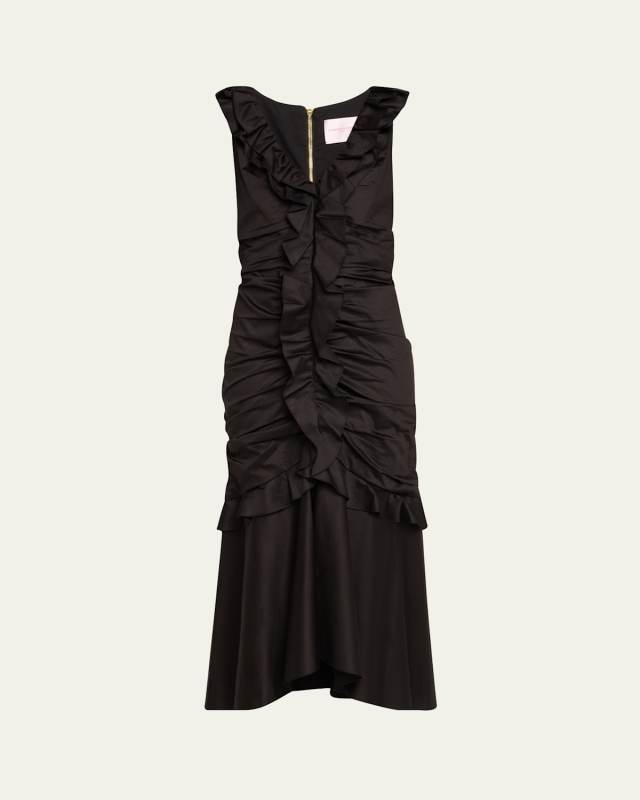 Ruched Ruffle Trumpet Midi Dress