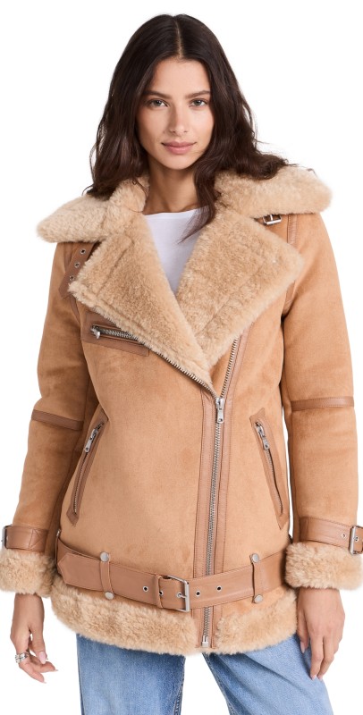 Avec Les Filles Bonded Faux Shearling Biker Jacket Toffee