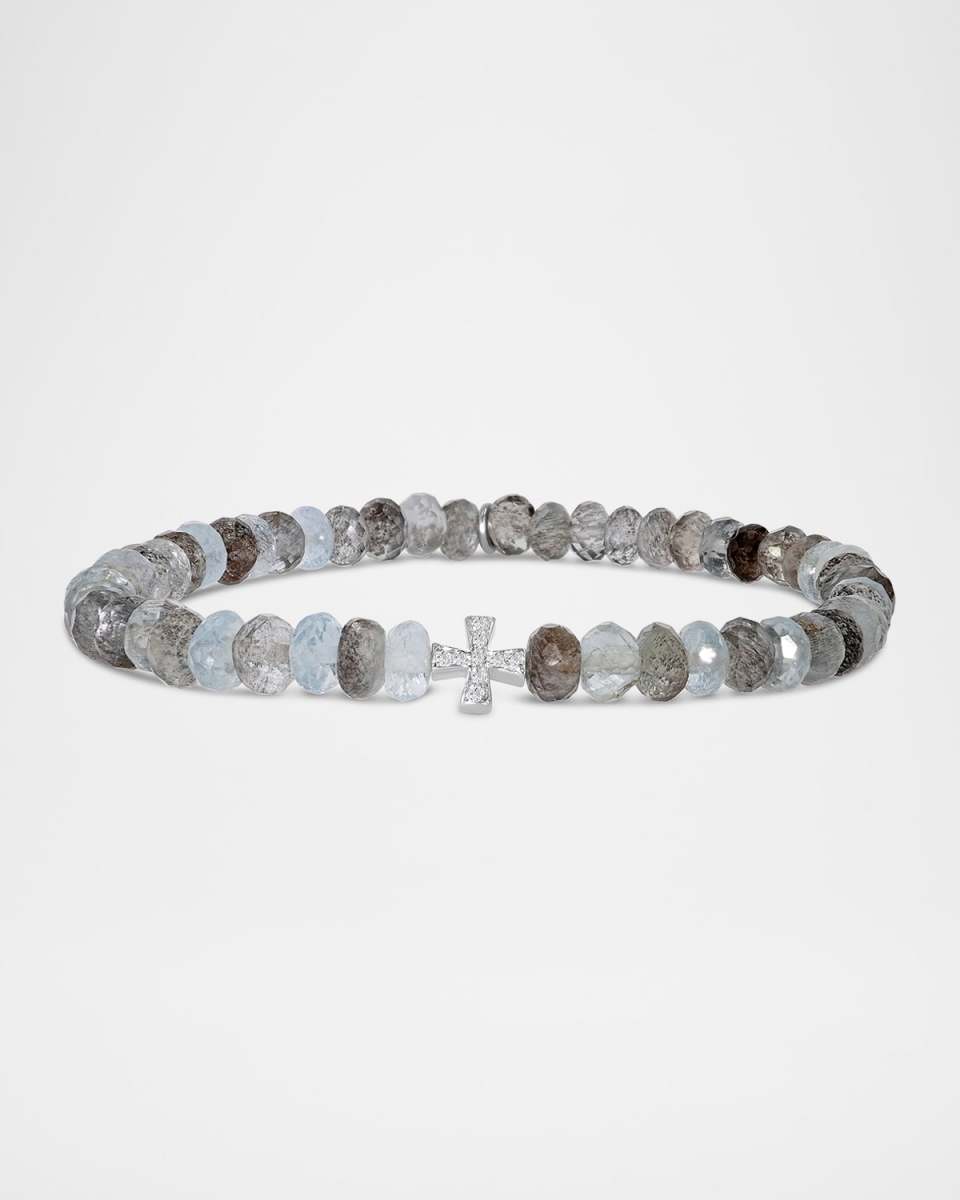 Moss Aquamarine Beaded Bracelet with Diamond Cross