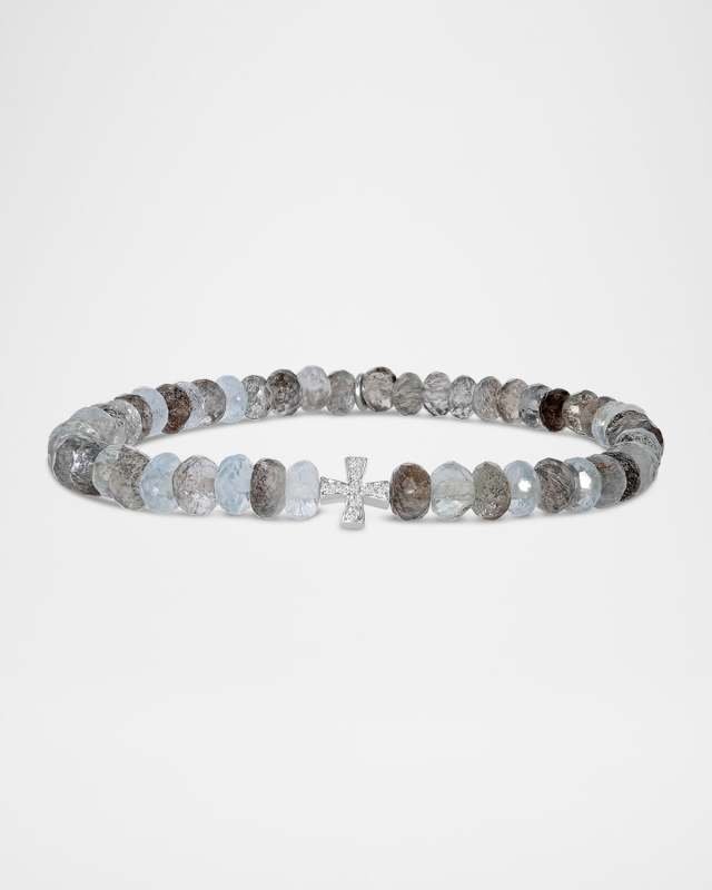 Moss Aquamarine Beaded Bracelet with Diamond Cross