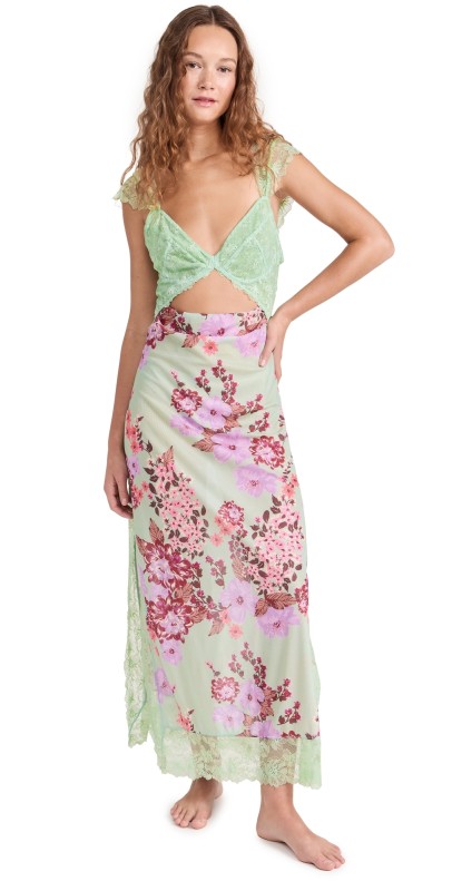 Free People Suddenly Fine Maxi Slip Dress Sage Combo