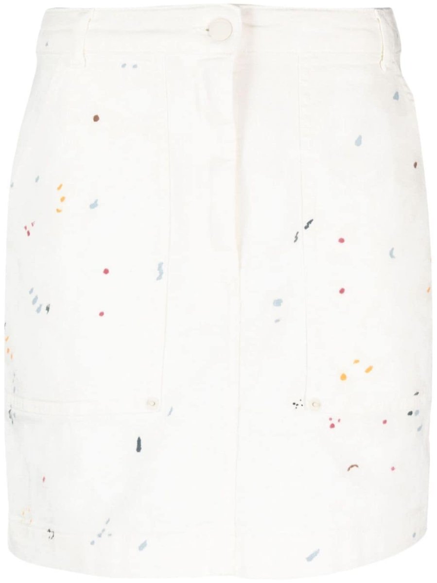 paint-splatter short denim skirt