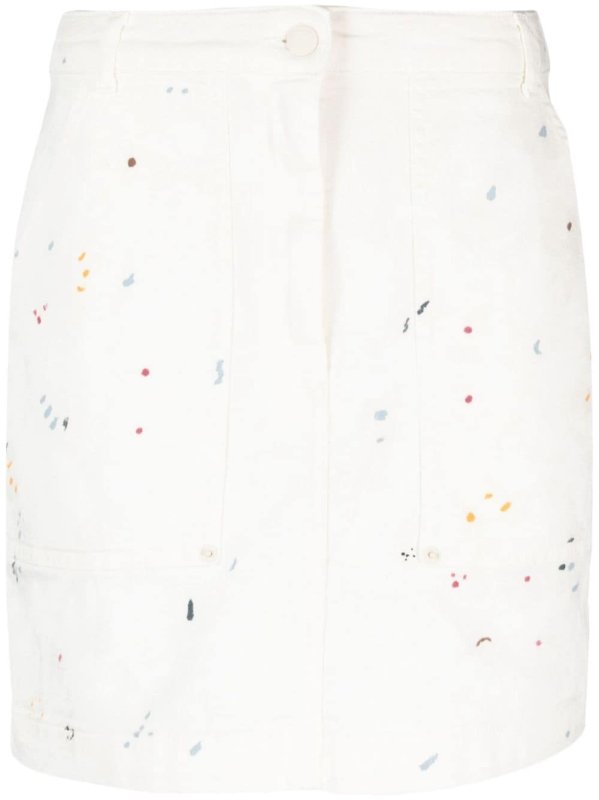 paint-splatter short denim skirt