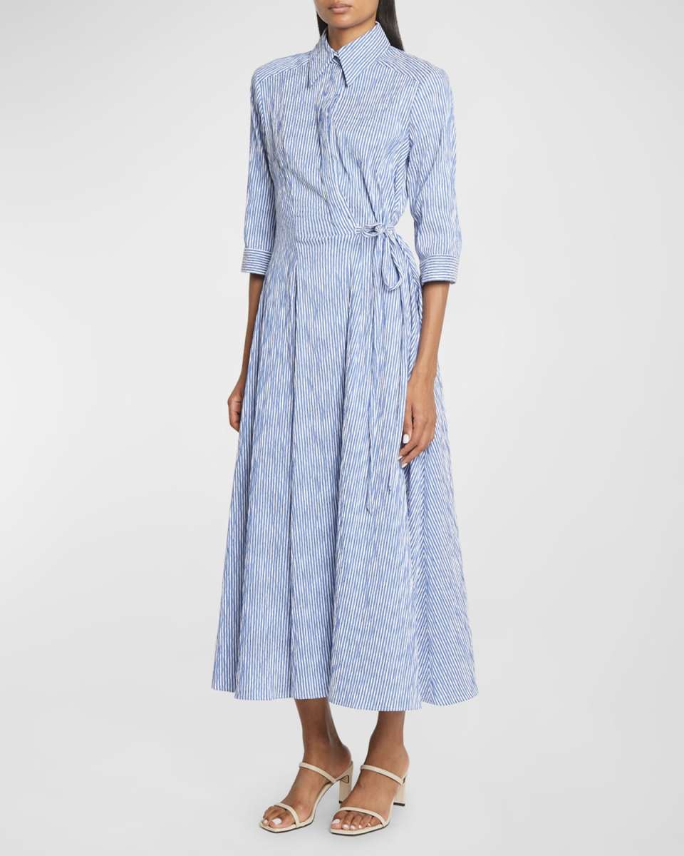Seersucker 3/4-Sleeve Tea-Length Wrap Shirtdress