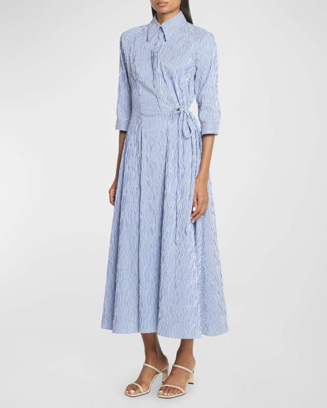 Seersucker 3/4-Sleeve Tea-Length Wrap Shirtdress