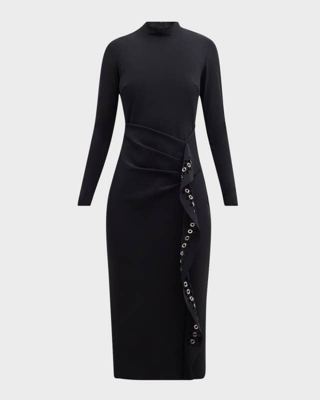 Cutout Ruffle Mock-Neck Midi Dress